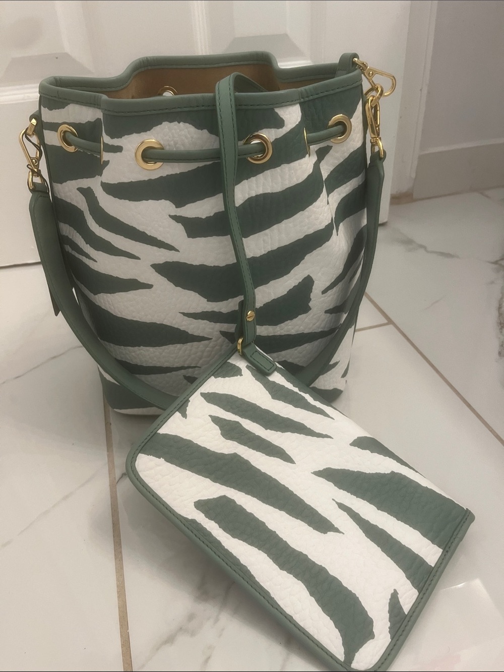MCM Green and White Zebra-Print Drawstring Bucket Bag with Wristlet